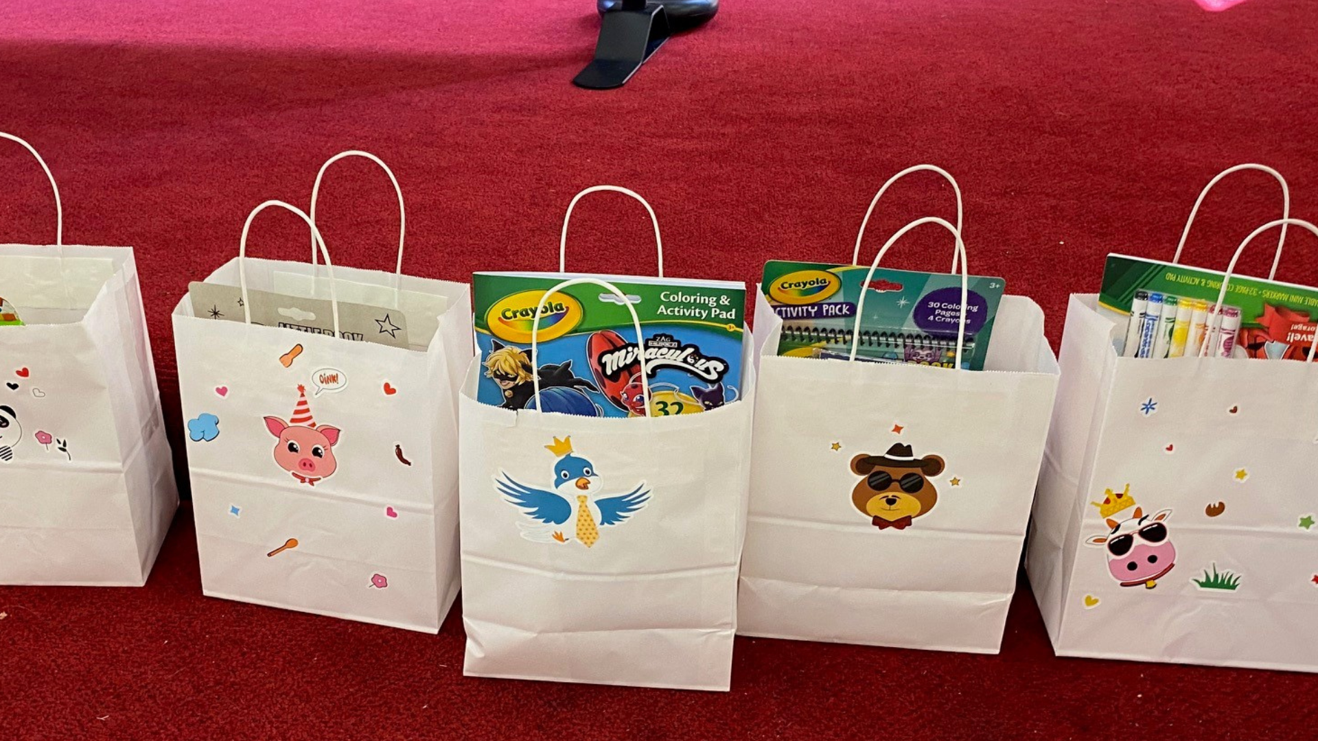 Bags of art supplies for children in the community